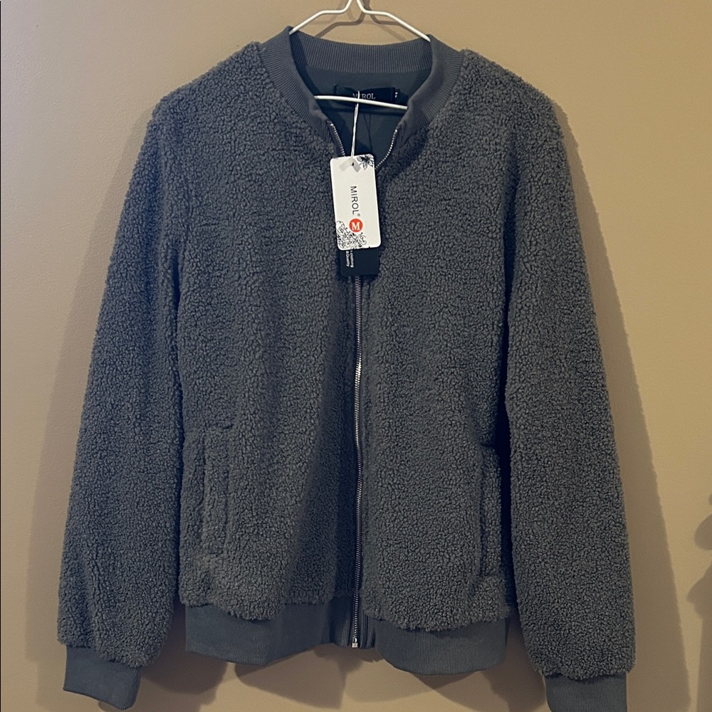 Cozy Gray Sherpa Bomber Jacket
